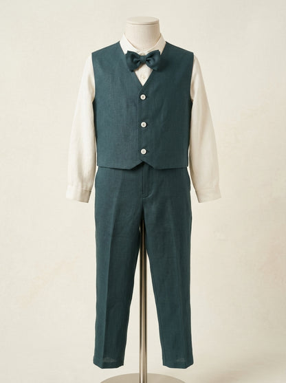 Conjunto camisa lino cuello mao y pantalon largo con fajin verde oliva y pajarita