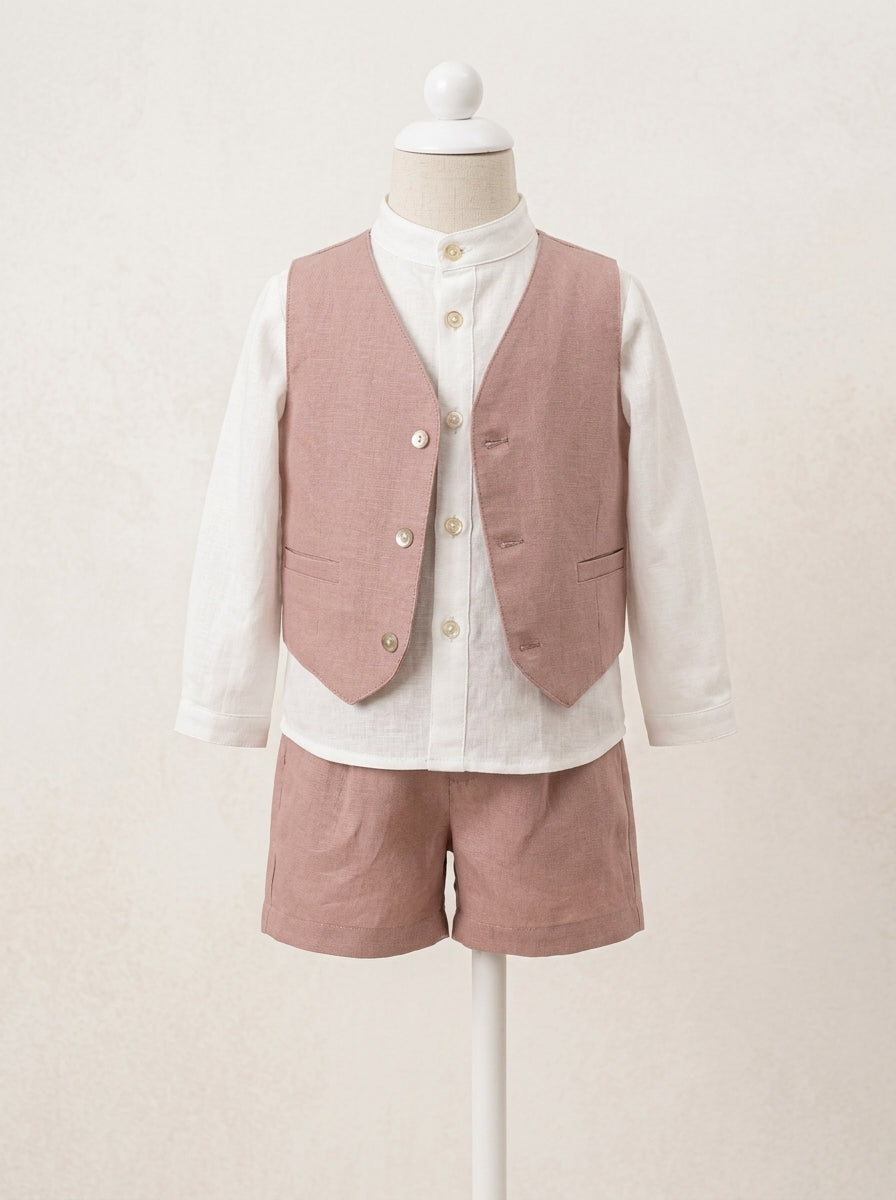 Conjunto camisa, short, chaleco y fajin rosa empolvado