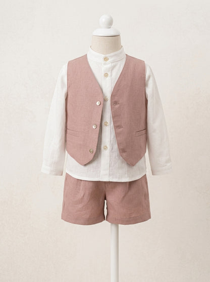 Conjunto camisa, short, chaleco y fajin rosa empolvado