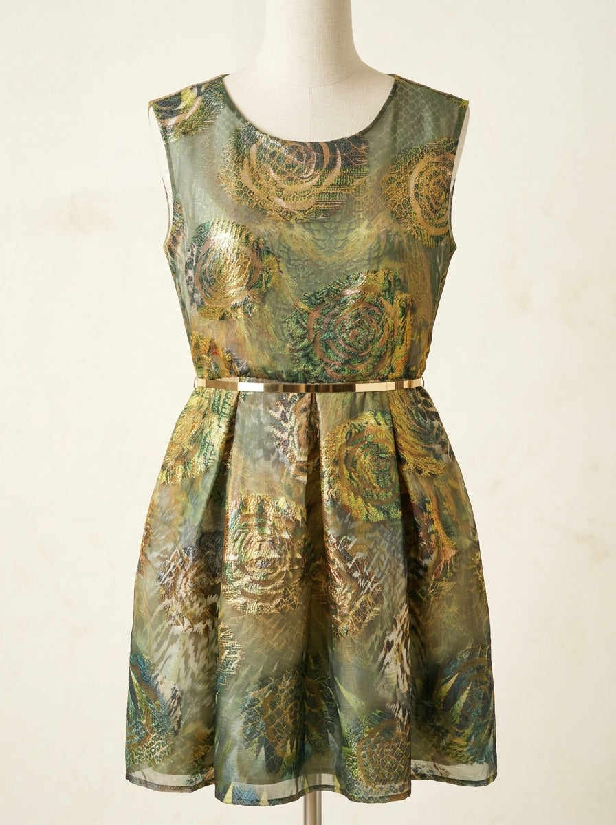 Vestido estampado verdes y dorados con cinturon rigido dorado