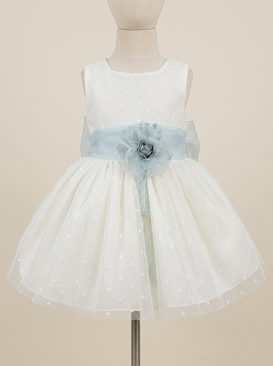 Vestido tul plumeti y fajin verde agua