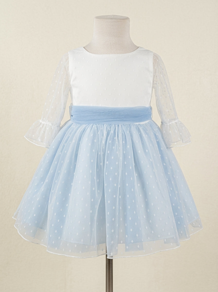 Vestido tul de plumeti blanco y azul manga francesa