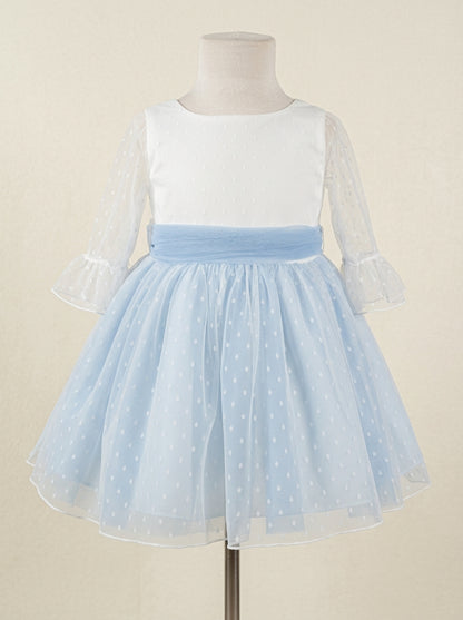 Vestido tul de plumeti blanco y azul manga francesa