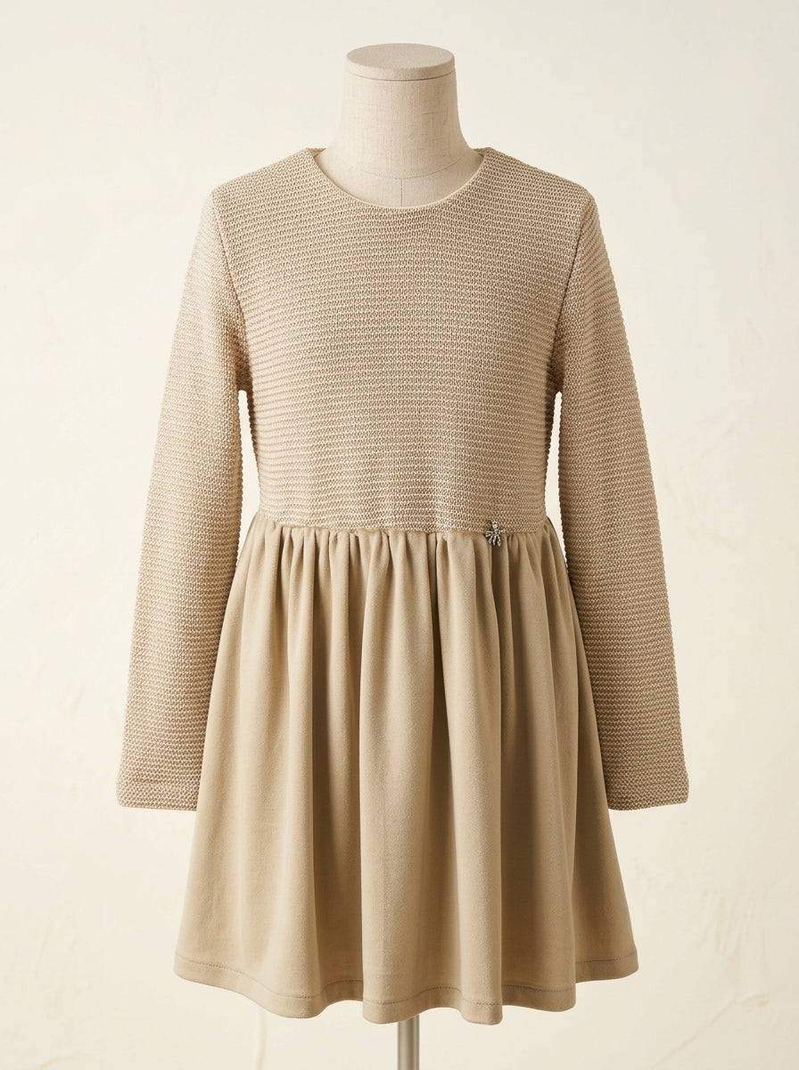 Vestido combinado punto y falda terciopelo arena