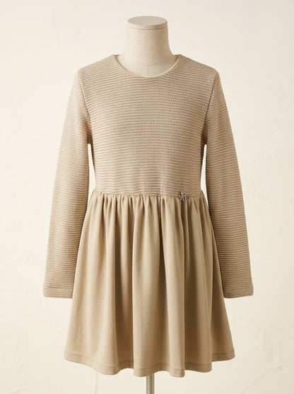 Vestido combinado punto y falda terciopelo arena