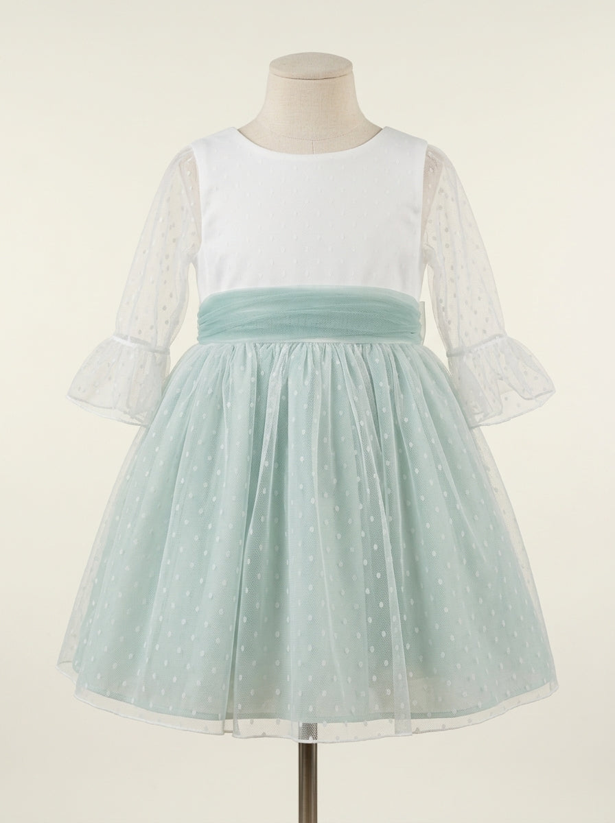 Vestido tul de plumeti blanco y azul manga francesa