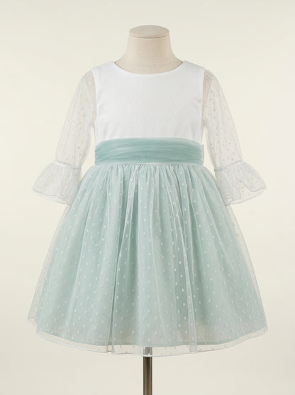 Vestido tul de plumeti blanco y azul manga francesa