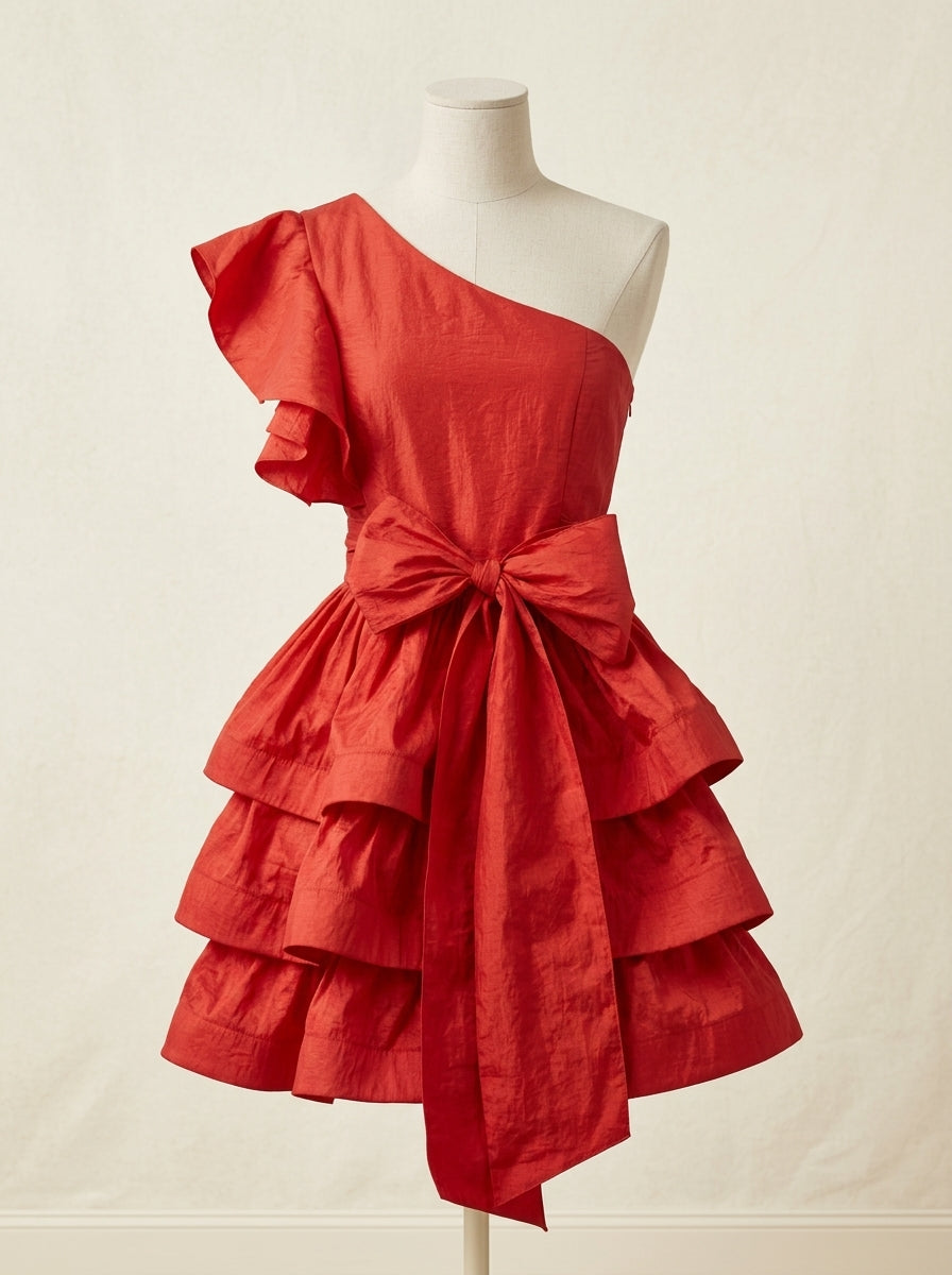 Vestido tafetan rojo con volantes y un hombro al aire