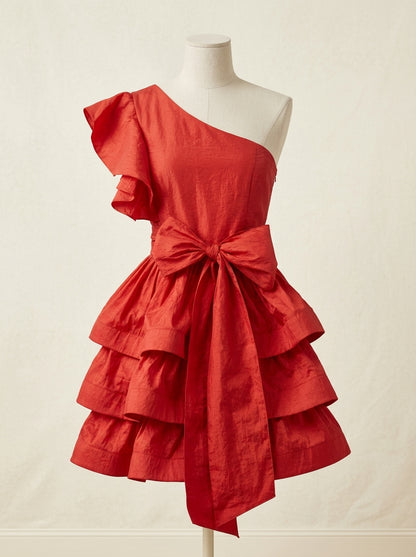 Vestido tafetan rojo con volantes y un hombro al aire