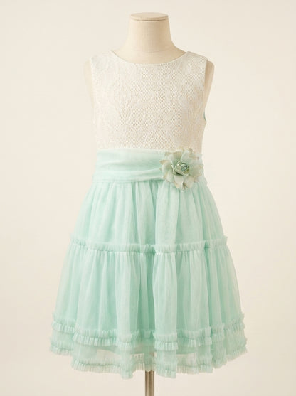 Vestido cuerpo brocado verde y falda tul verde mint
