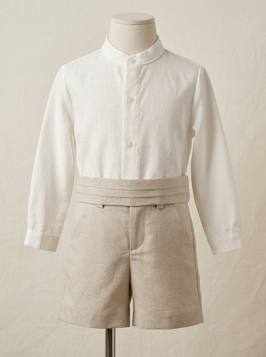 Conjunto camisa lino beig y short arena con fajin tablas arena