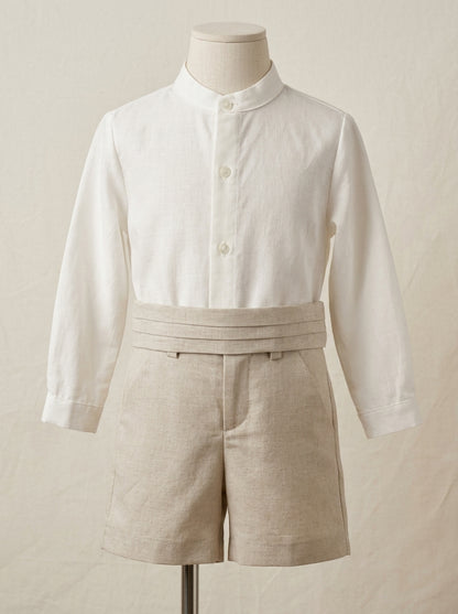 Conjunto camisa lino beig y short arena con fajin tablas arena
