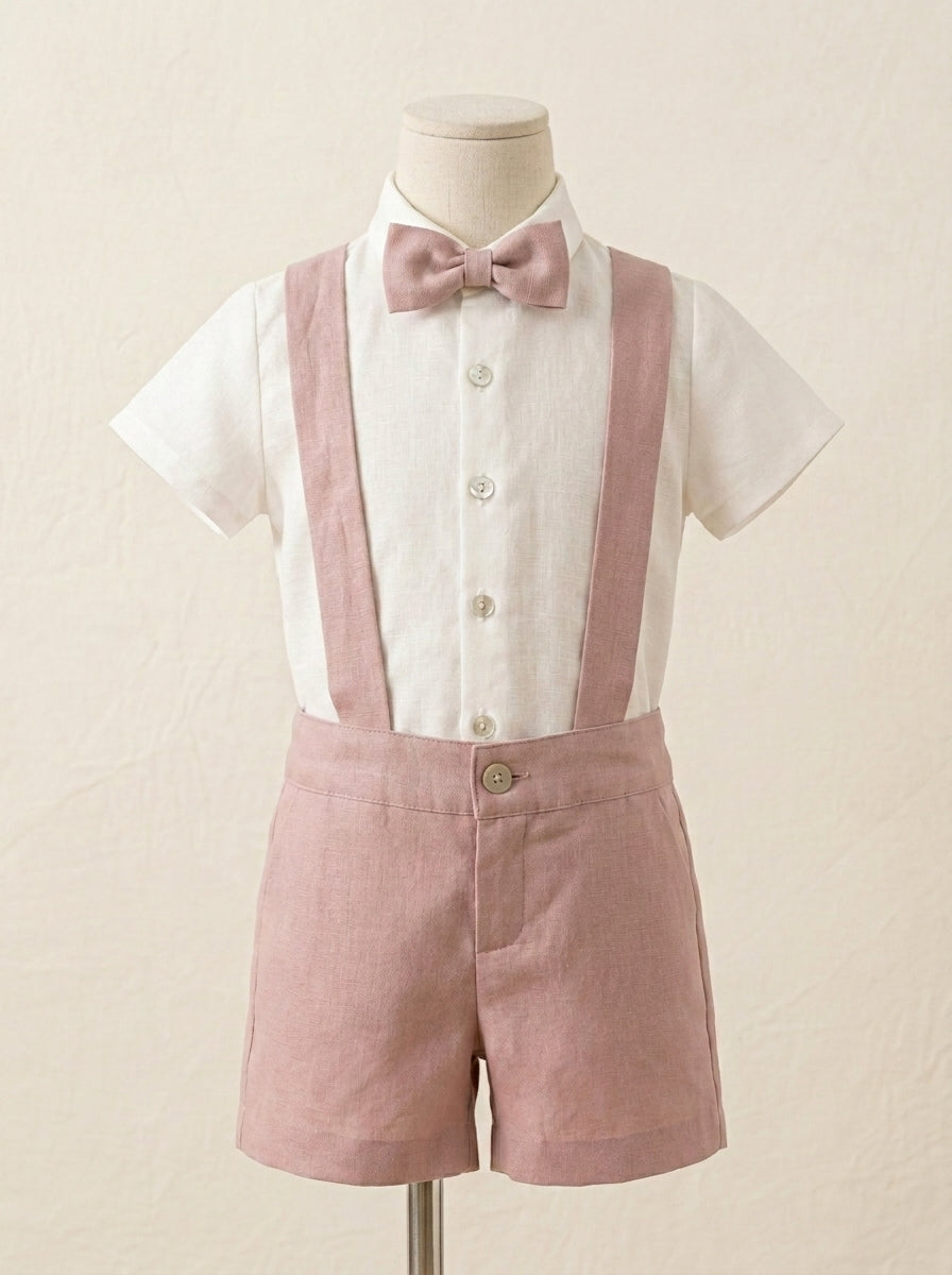 Conjunto camisa beig y short con tirantes rosa empolvado