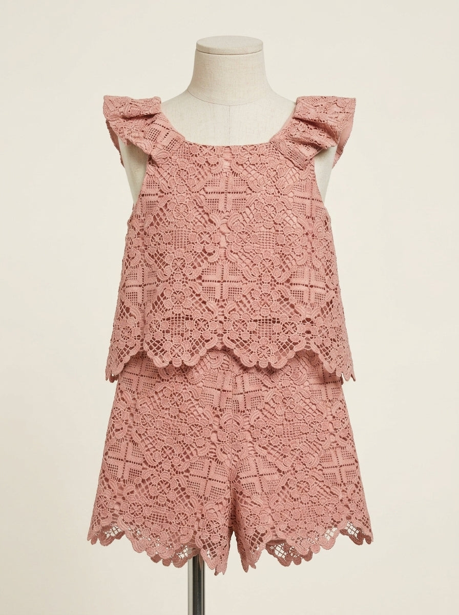 Conjunto blusa y short guipur salmon
