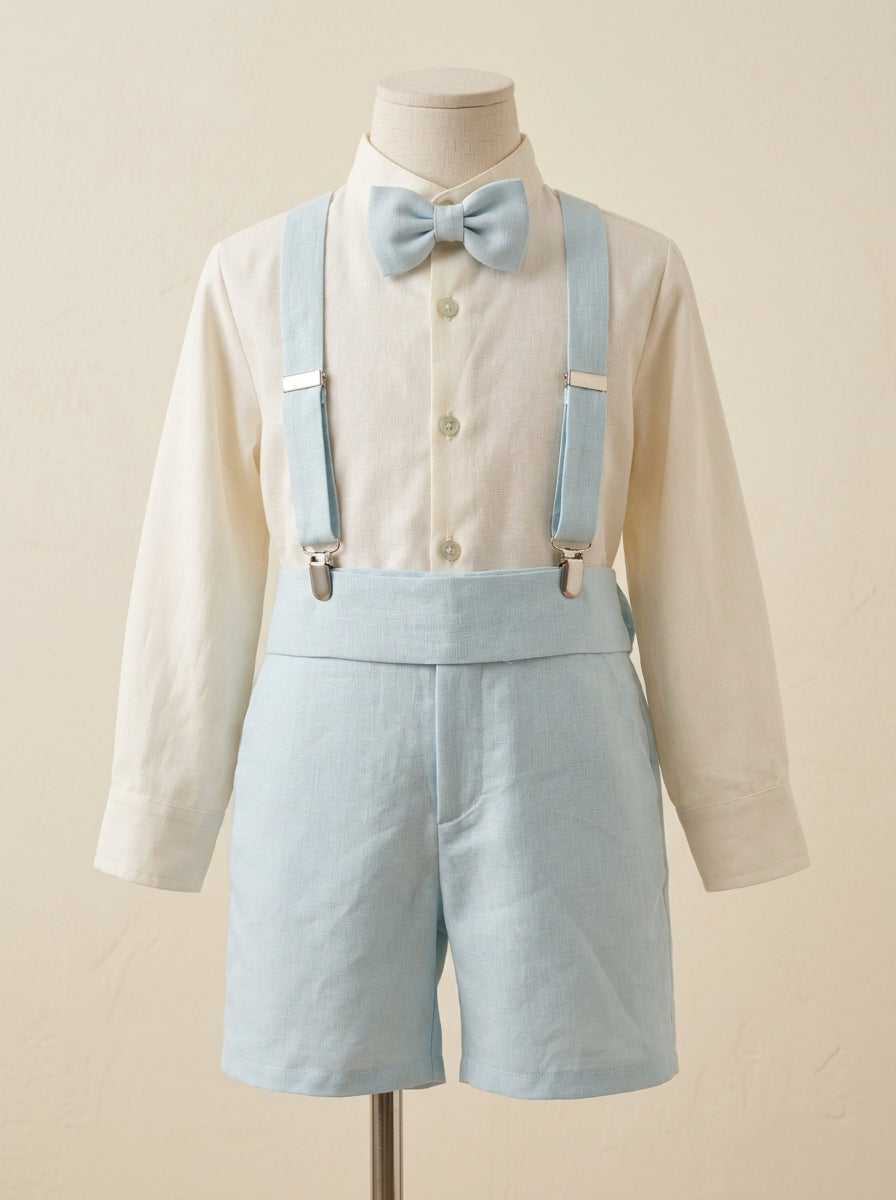Conjunto camisa, short, tirantes y pajarita color hielo