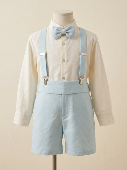 Conjunto camisa, short, tirantes y pajarita color hielo
