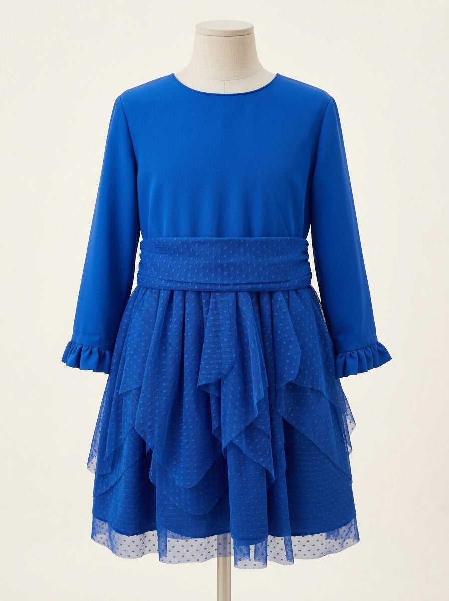 Vestido azulon manga larga y volantes tul
