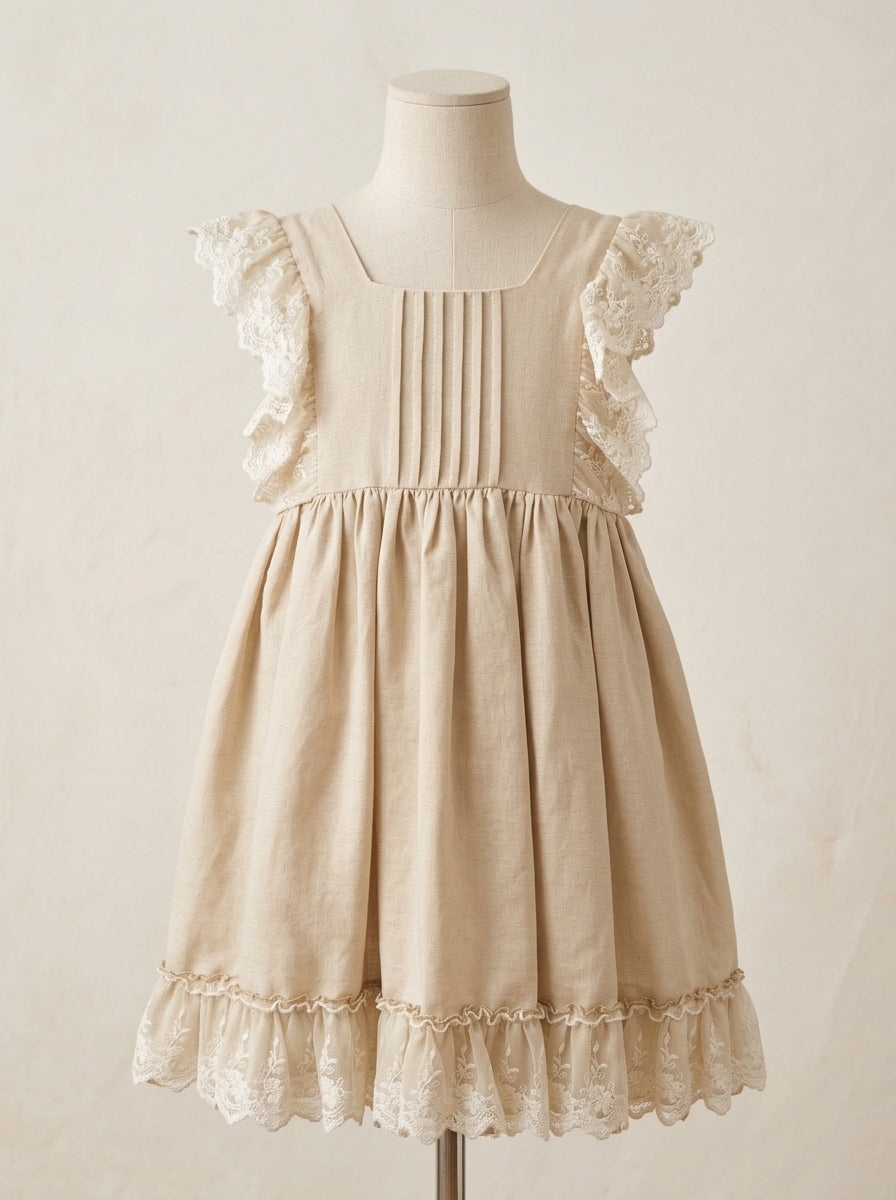 Vestido lino camel con puntilla