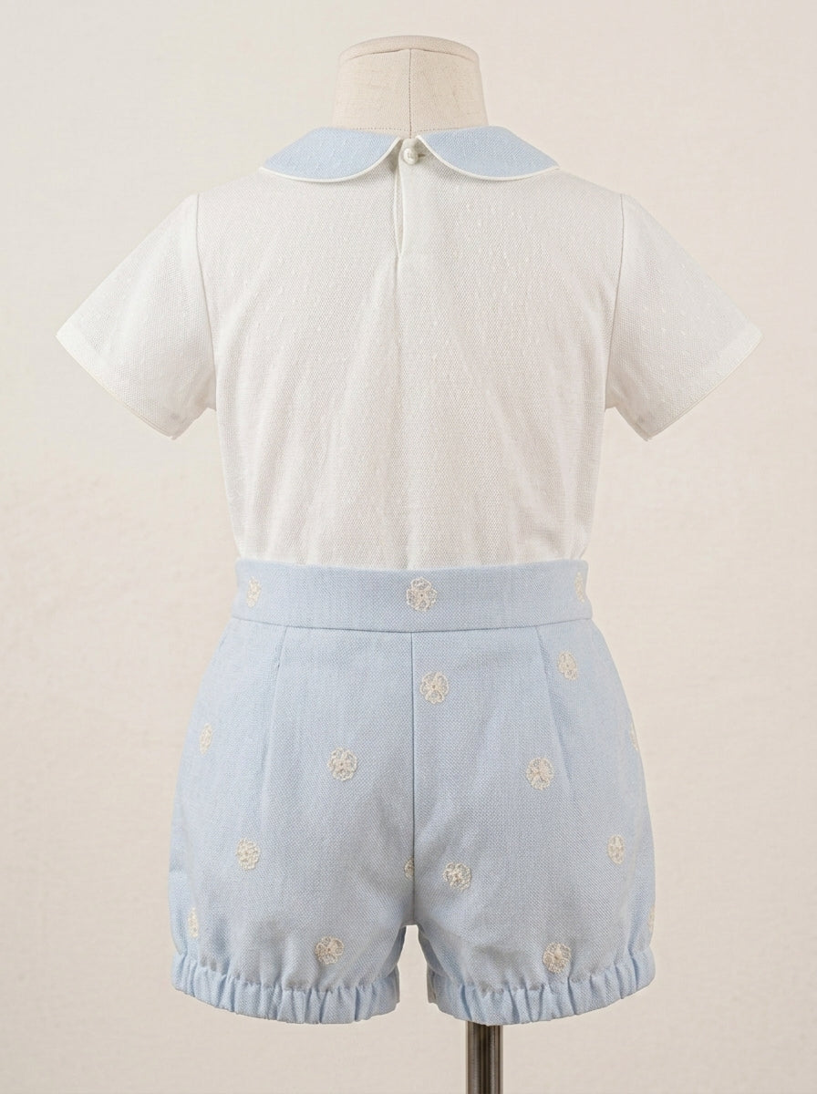Conjunto camisa tul beig y bombacho celeste