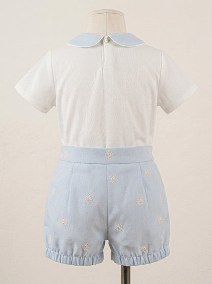 Conjunto camisa tul beig y bombacho celeste