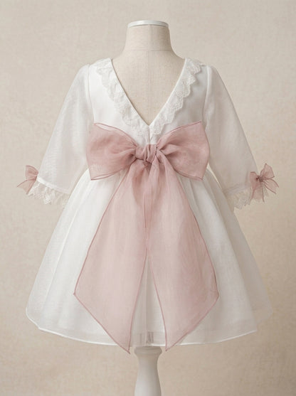 Vestido blanco organza rayada manga francesa