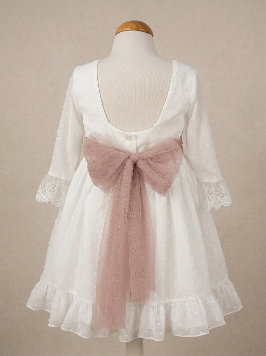 Vestido plumeti gasa blanca y fajin rosa empolvado GAIA