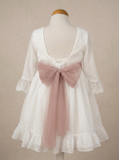 Vestido plumeti gasa blanca y fajin rosa empolvado GAIA
