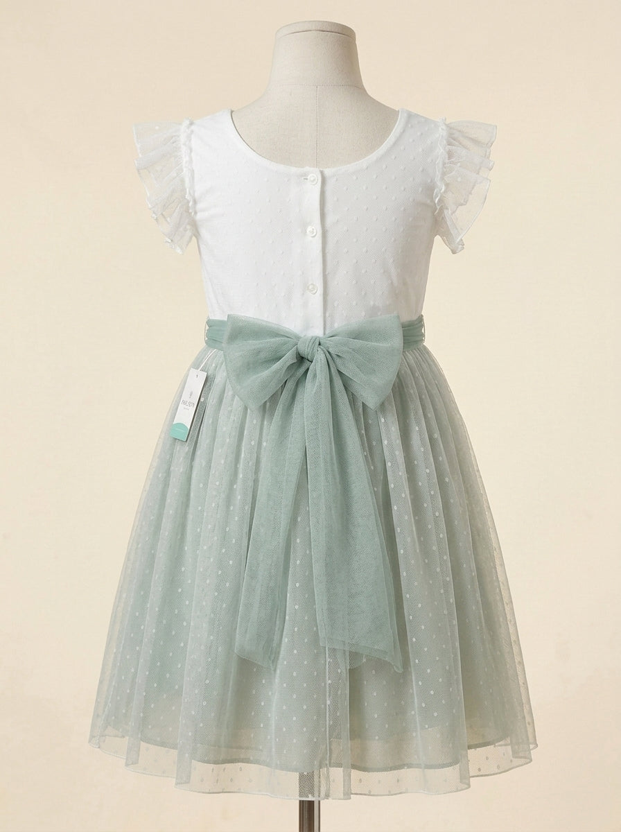 Vestido tul verde empolvado con manguita volante
