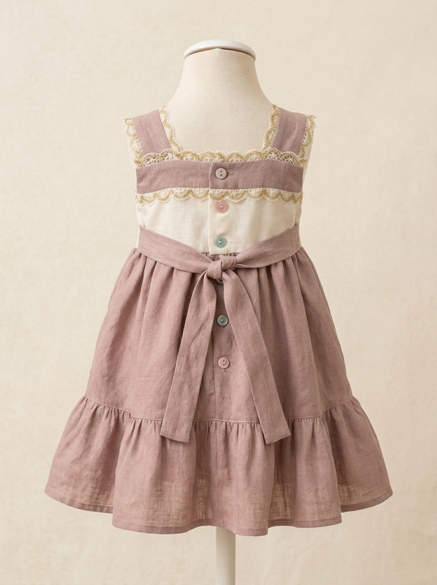 Vestido tirantes lino malva con puntillas