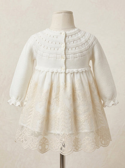 Vestido manga larga algodón beige y tul bordado