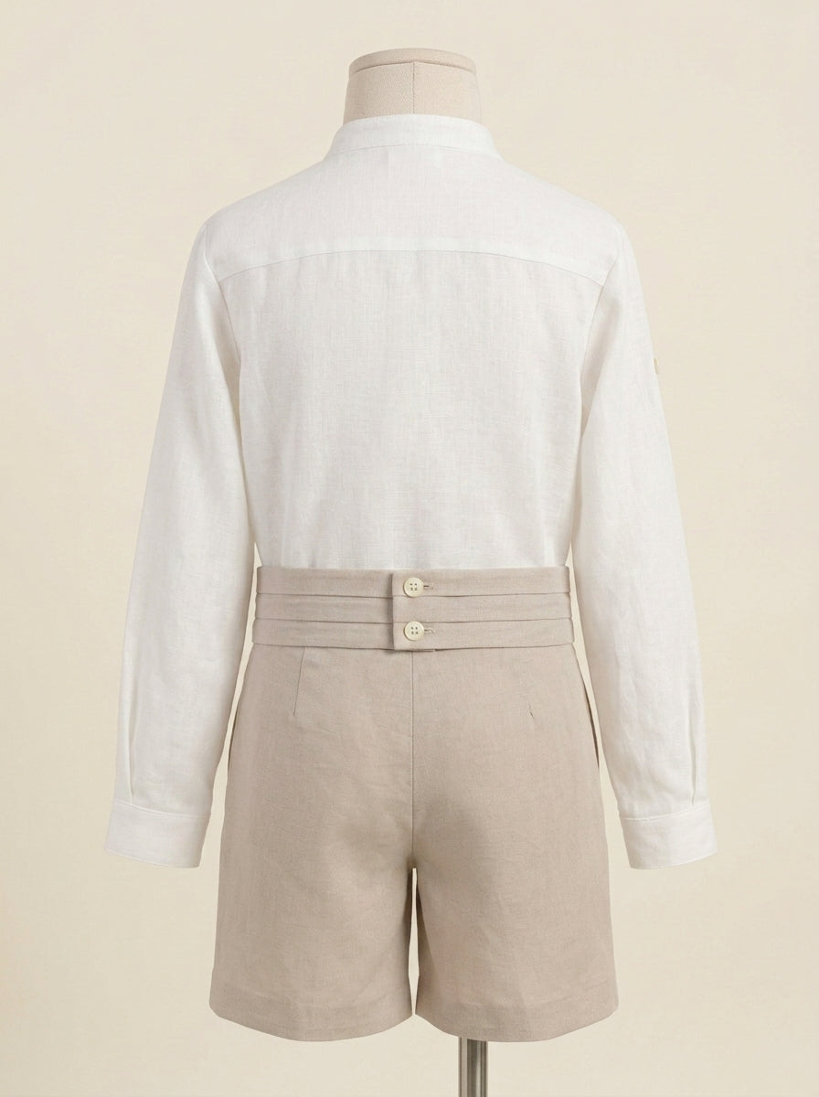 Conjunto camisa lino, short , fajin y pajarita camel
