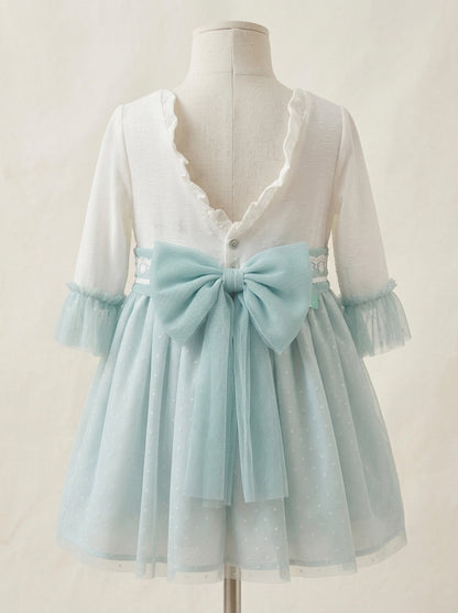 Vestido tul verde manga con volante