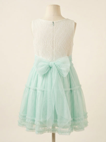 Vestido cuerpo brocado verde y falda tul verde mint