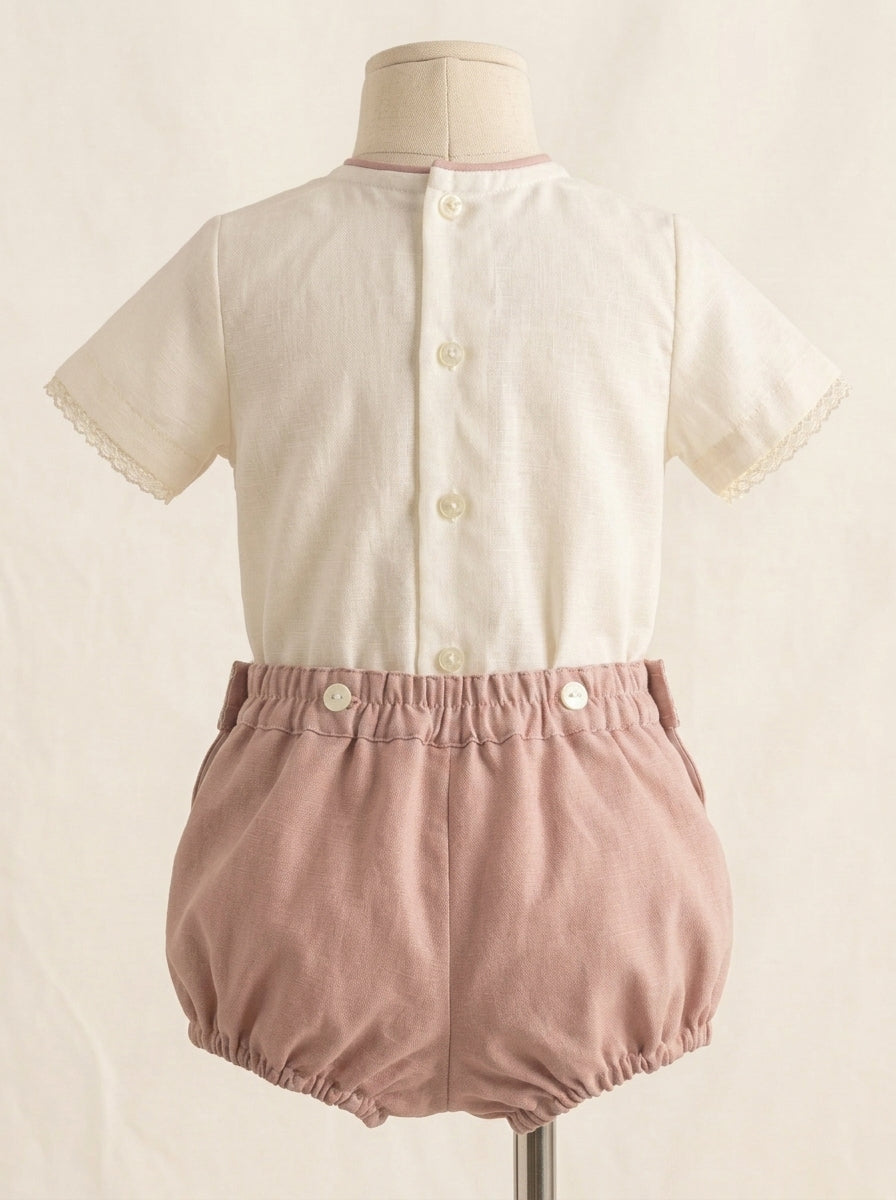 Conjunto camisa beig y bombacho lino rosa empolvado