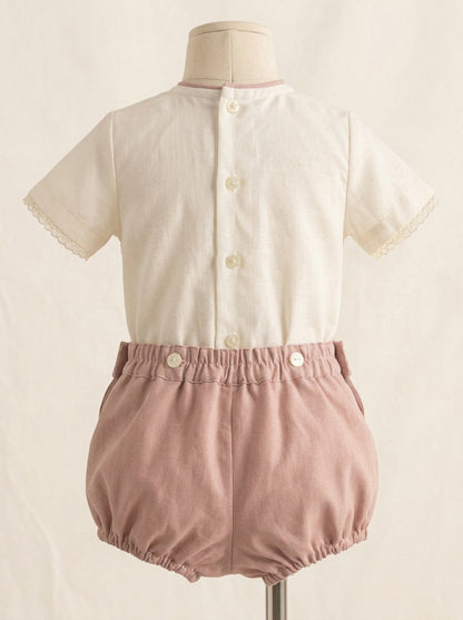 Conjunto camisa beig y bombacho lino rosa empolvado