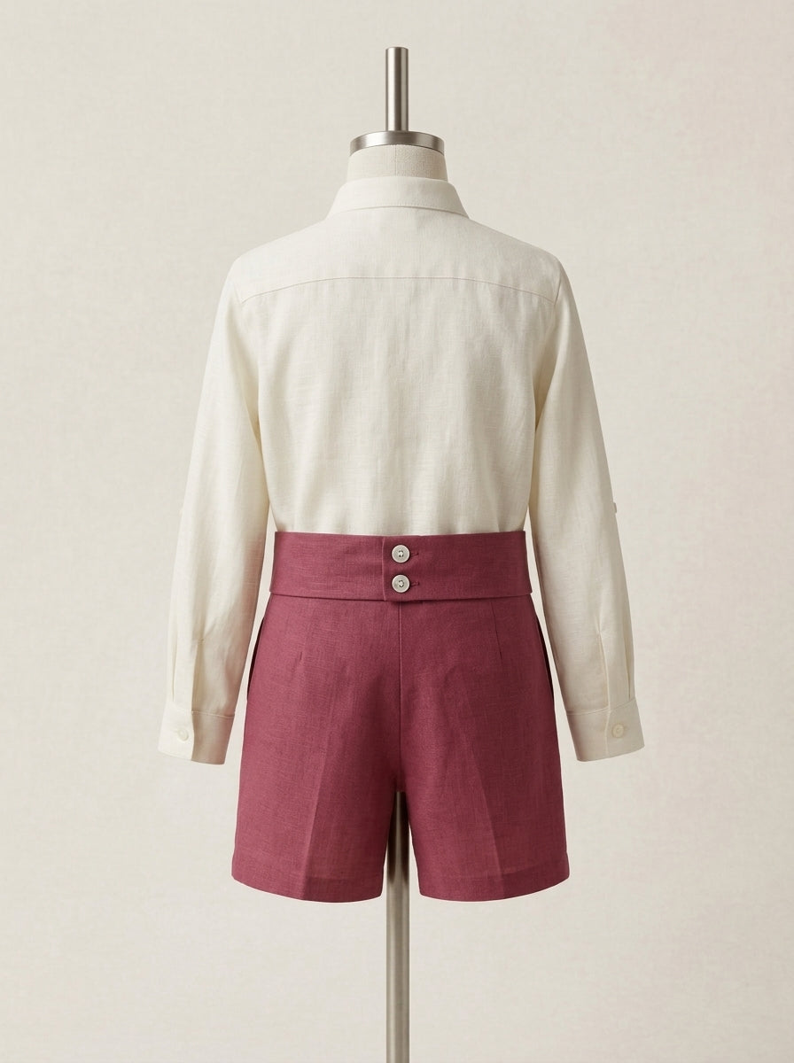 Conjunto camisa y short lino burdeos con pajarita