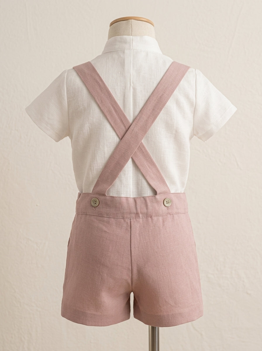 Conjunto camisa beig y short con tirantes rosa empolvado