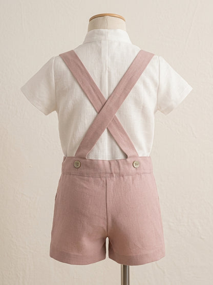 Conjunto camisa beig y short con tirantes rosa empolvado