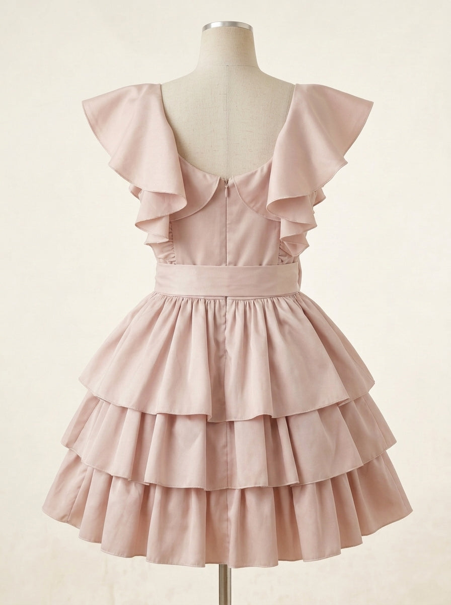 Vestido tafetan rosa maquillaje con volantes y lazada