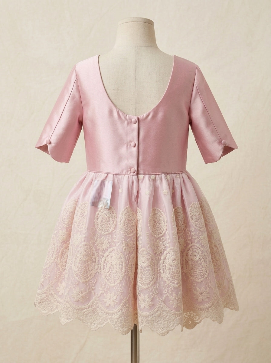 Vestido cuerpo mikado rosa y falda tul bordado beig