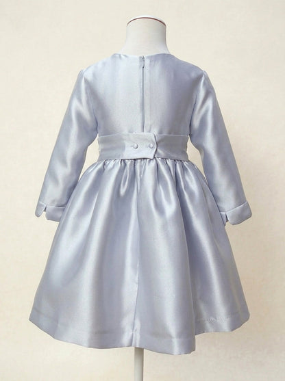 Vestido mikado gris perla y fajin