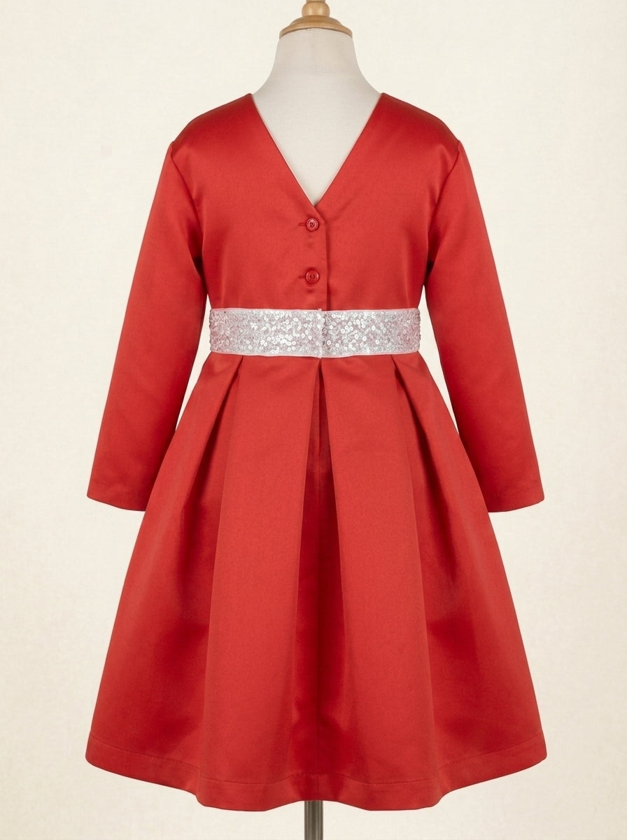 Vestido MIKADO rojo con fajin de pedreria blanco