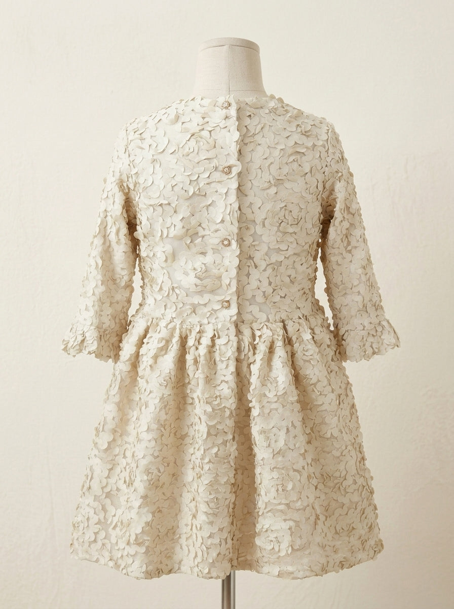 Vestido beig con petalitos beig y plumas