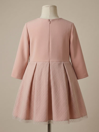 Vestido infantil neopreno y tul rosa empolvado con manga