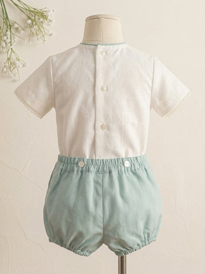 Conjunto camisa beig y bombacho lino verde empolvado