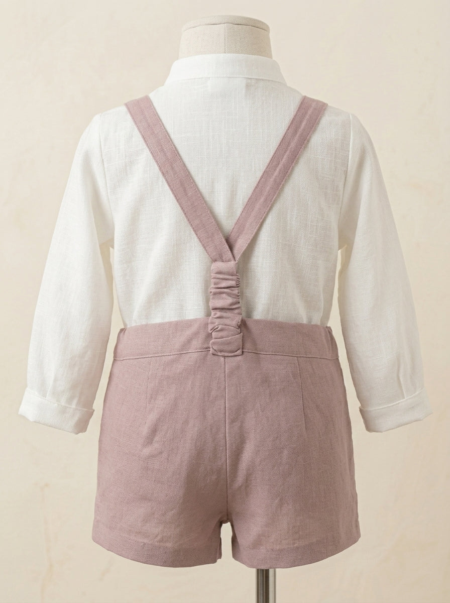 Conjunto camisa lino cuello mao y short tirantes rosa