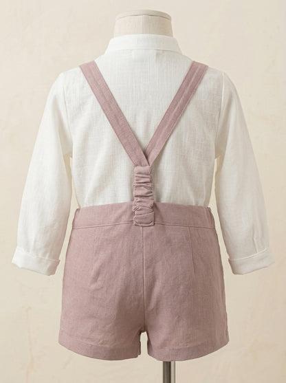Conjunto camisa lino cuello mao y short tirantes rosa