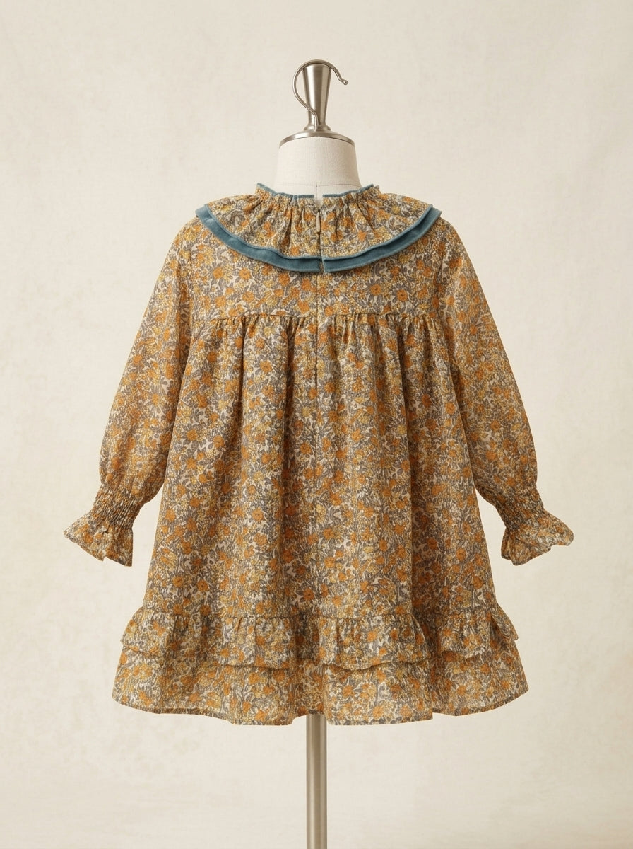 Vestido estampado flores turquesa y mostaza "Simba"