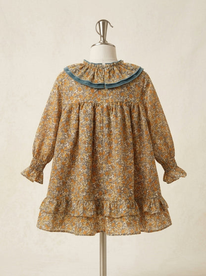 Vestido estampado flores turquesa y mostaza "Simba"