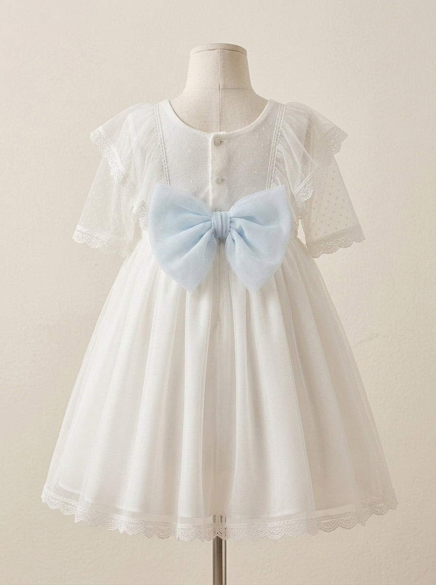 Vestido tul de plumeti blanco roto y lazo celeste